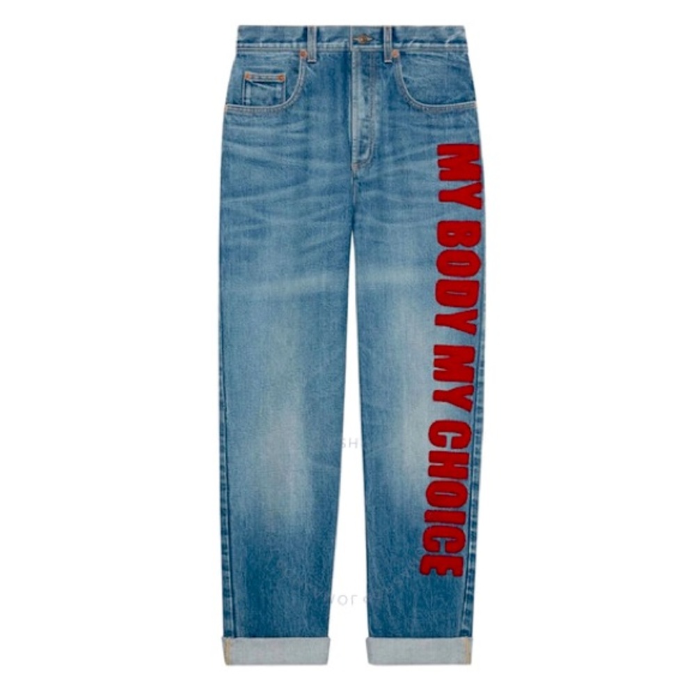 Worn Once, Gucci Spring Jeans “My Body My Choice” with tags.